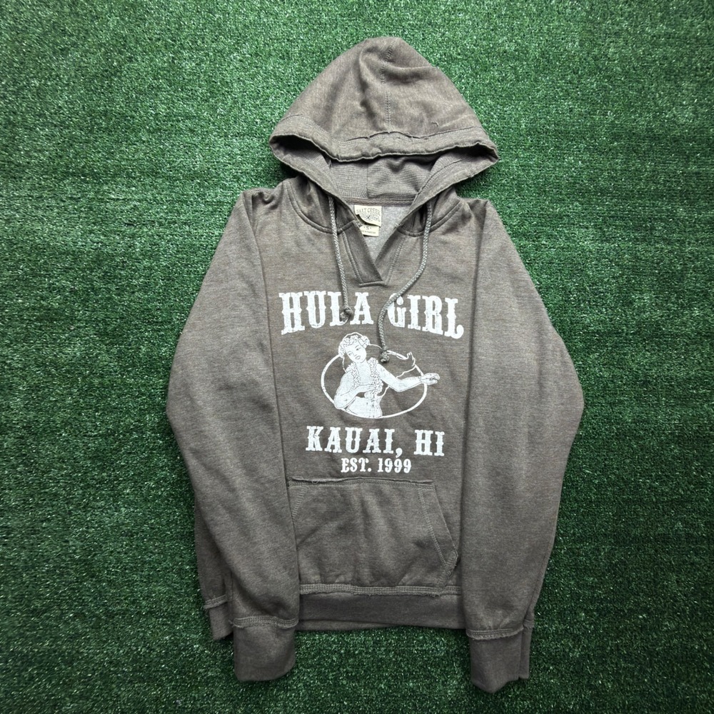 VTG style surfer Kauai HI Hula Girl Hoodie Brown Souvenir Sweatshirt Mens Small